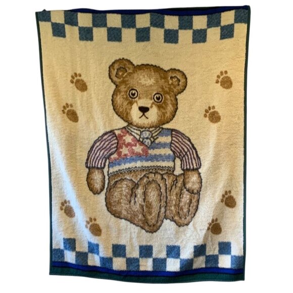 Vintage Biederlack Patriotic Teddy Bear Blanket 74x54 Blue Brown Acrylic Plush - Picture 1 of 5